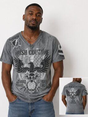 Rush Couture Men's Unisex V-neck Tee Shirt Grey White Graphic Size Large Y2K